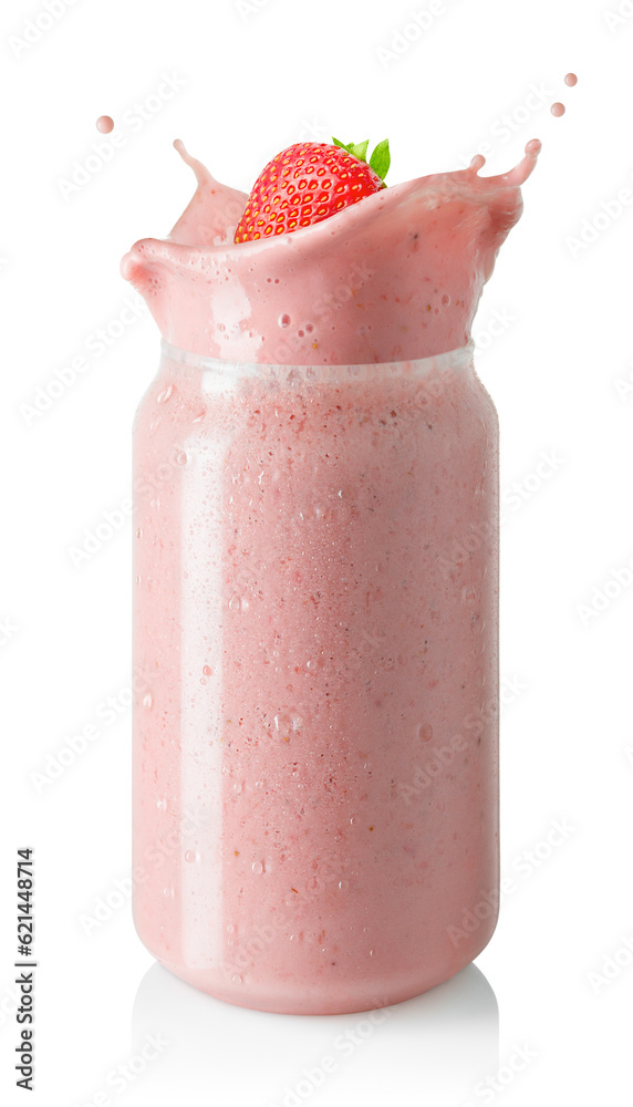 strawberry smoothie or milkshake with splash in glass jar isolated on white strawberry smoothie or milkshake with splash in glass jar isolated on white