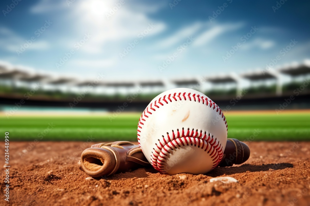 A baseball and a glove on a diamond with an empty base
