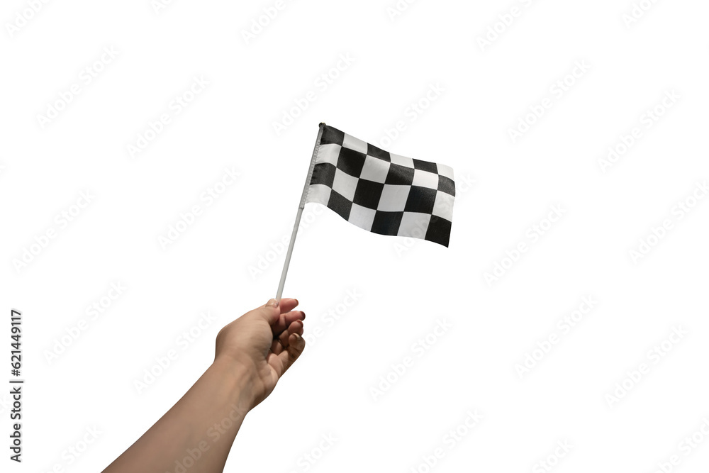 hand holding a checkered flag  isolated on transparent background