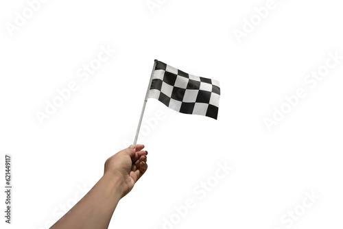 hand holding a checkered flag  isolated on transparent background © alesmunt