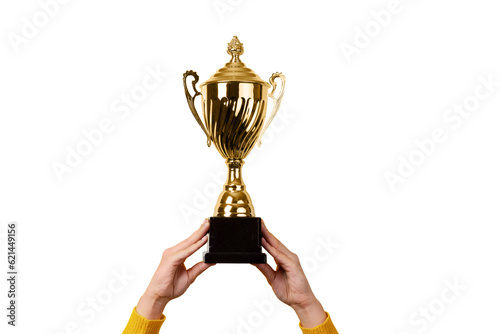 female hands holding golden trophy  isolated on transparent background