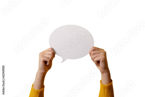 Dialogue icon, blank speech bubble in hand isolated on transparent background