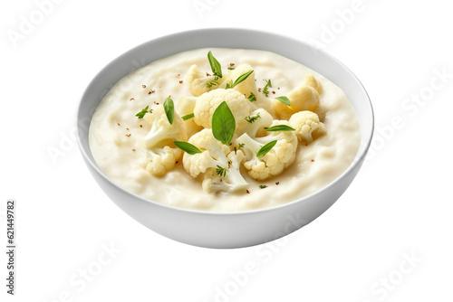 A bowl of creamy white cauliflower soup. isolated object, transparent background