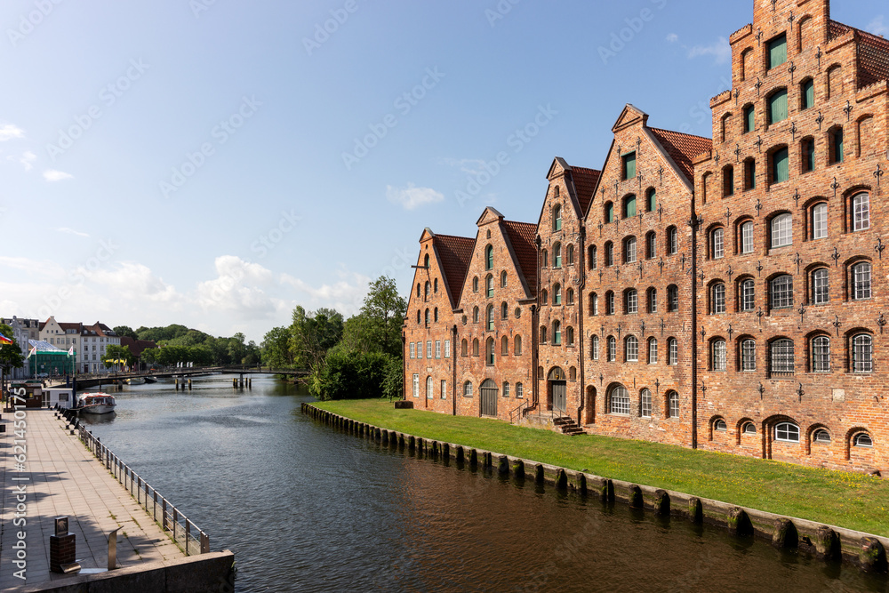 Historic salt store buildings in the old town of Luebeck. Tourist attraction on a sunny day. Germany