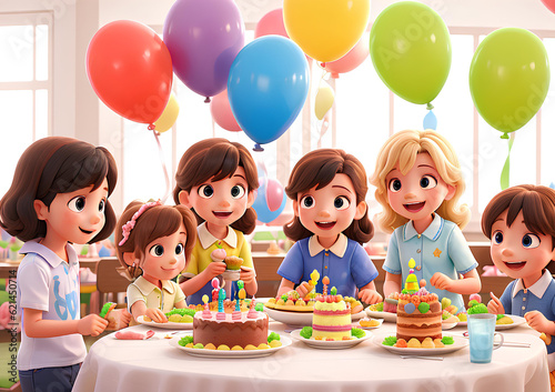 Smiling, funny and happy teenage children gathered around the table with a cake, celebrating their birthday, in a 3d cartoon style