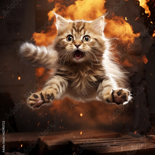 Cat jumping, color, animal,pet,  fire, cute, Ai generate