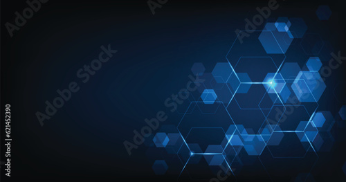 Hi-tech digital hexagon background. Geometric design with hexagons on dark blue background. 