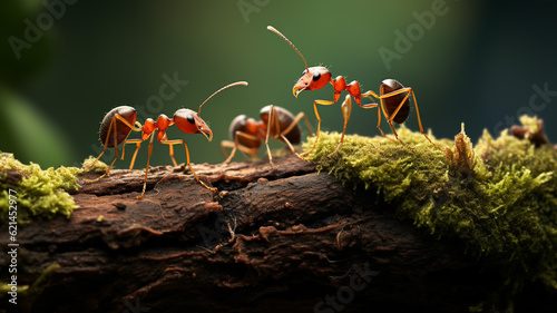 Macro photo of ants on mossy wood in rainy forest © AhmadSoleh