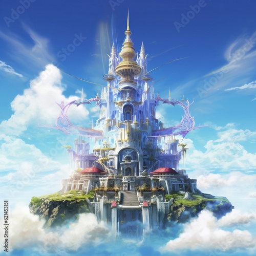 Fantasy castle, floating in the sky, beautiful, daytime, complex, epic, huge, art style,, blue, final fantasy x art style, Ai generate