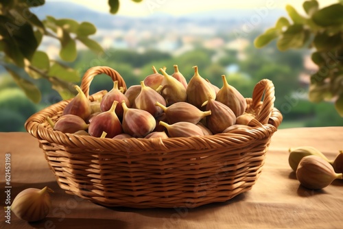 A rustic basket filled with fresh figs
