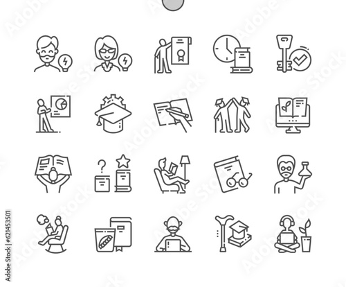 Adult education. Time learning. Distance education. Education of third age. Pixel Perfect Vector Thin Line Icons. Simple Minimal Pictogram