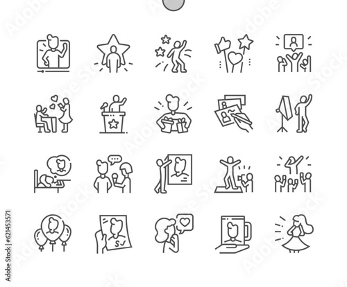 Idol. Famous people, celebrity. Meeting with fans. Influencer, actor, singer, star. Pixel Perfect Vector Thin Line Icons. Simple Minimal Pictogram