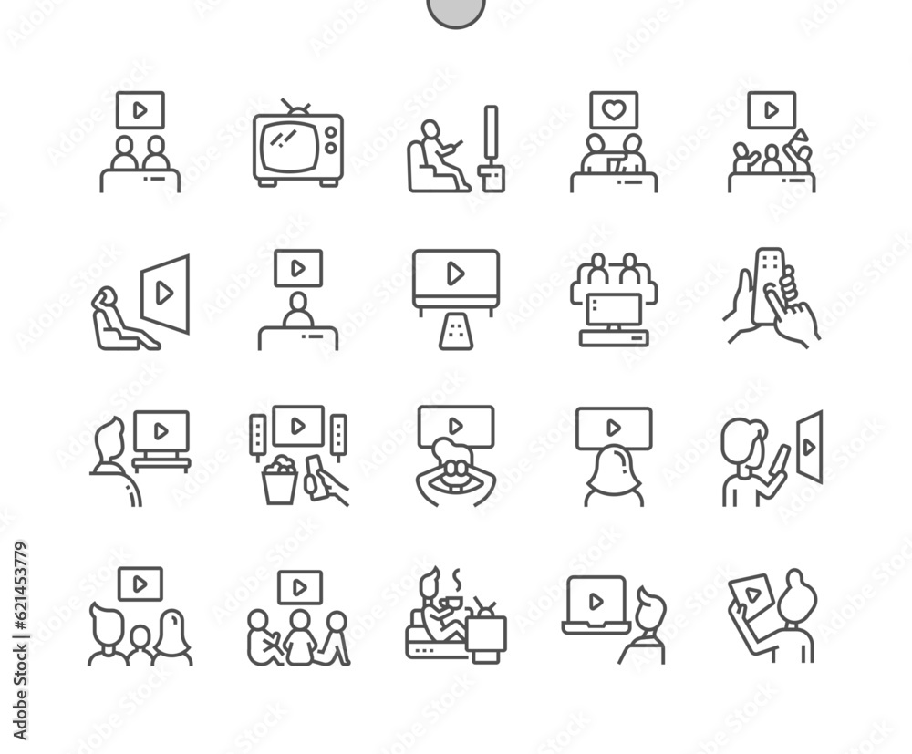 Watching tv. Home leisure. TV remote. Living room with furniture. People watching tv. Pixel Perfect Vector Thin Line Icons. Simple Minimal Pictogram Watching tv. Home leisure. TV remote. Living room with furniture. People watching tv. Pixel Perfect Vector Thin Line Icons. Simple Minimal Pictogram