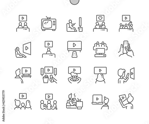 Watching tv. Home leisure. TV remote. Living room with furniture. People watching tv. Pixel Perfect Vector Thin Line Icons. Simple Minimal Pictogram