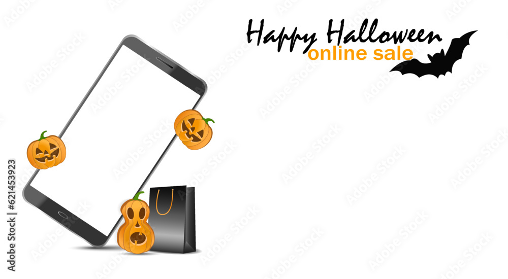 Banner with a smartphone on white background and copy space, the concept of online sales for halloween, shopping, advertising banner, flyer Banner with a smartphone on white background and copy space, the concept of online sales for halloween, shopping, advertising banner, flyer