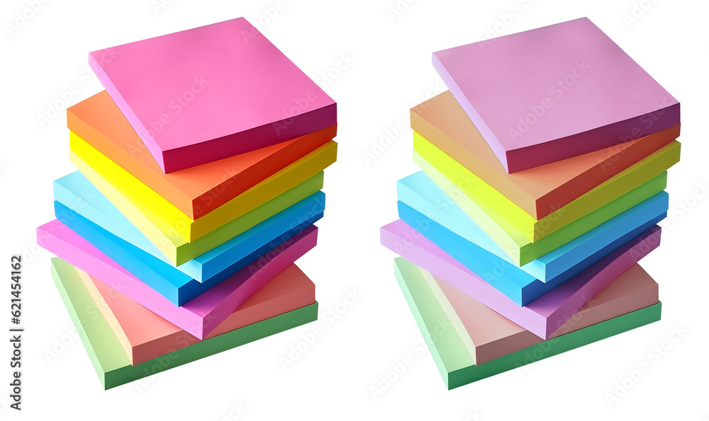 Stack of colourful of sticky post-it note paper . Many assorted different colours isolated on transparent background cutout. PNG file. 3D rendering Stack of colourful of sticky post-it note paper . Many assorted different colours isolated on transparent background cutout. PNG file. 3D rendering
