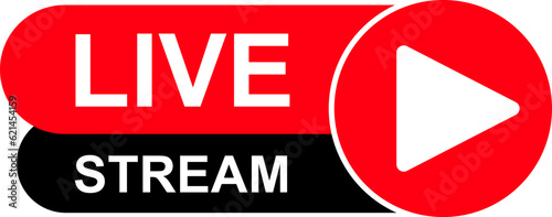 live streaming flat banner. sticker badge for broadcasting, livestream, online stream or mobile live stream ,  red vector design element with play button. Isolated on white background.