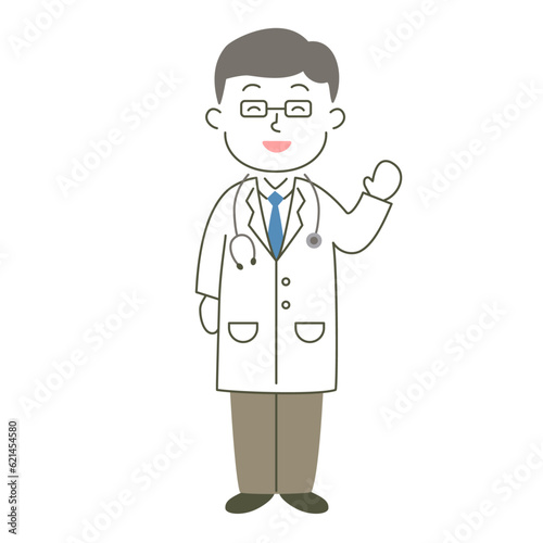 doctor, man, medical care, hospital, simple, simple substance, human, illustration, vector, smile, raising hand, visit, guidance