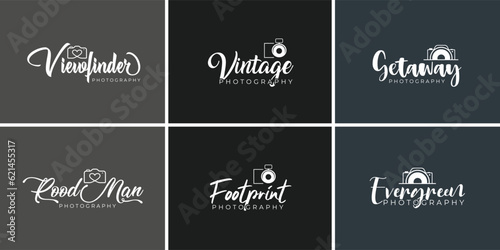 Signature photography logo design with camera icon vector template and unique brand name