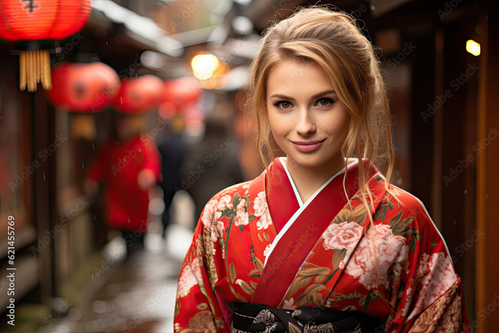 Attractive Asian woman wearing kimono walking on old street