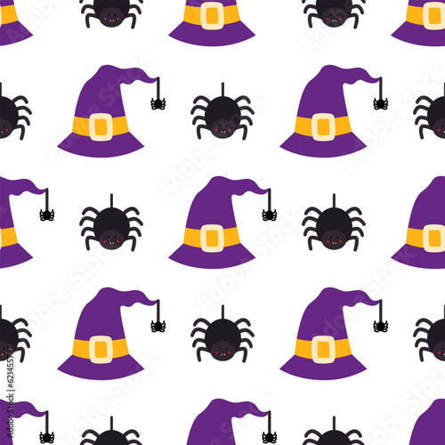 Halloween seamless pattern with purple wizard hats and spiders.