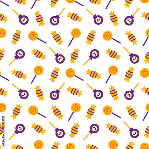 Halloween seamless pattern with cute lollipops and candies.