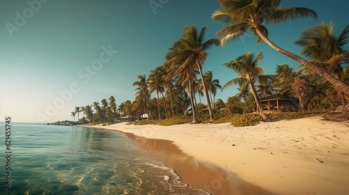 Tranquil Oasis: A Stunning Beach House Surrounded By Palm Trees And Clear Turquoise Water photo