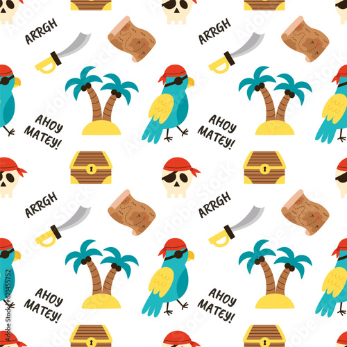 Pirate seamless pattern with pirate parrot and treasure island. Pattern for boys.
