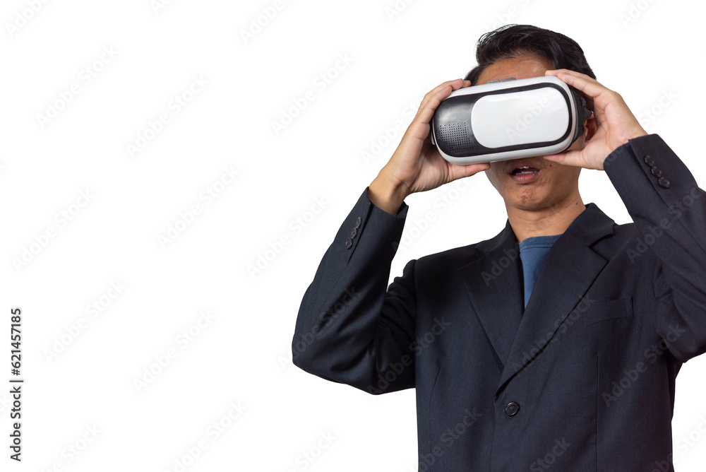 Man Wearing VR Glasses Explores a Digital World of Gaming and Innovation Virtual Environment Futuristic Technology Concept on white background. Man Wearing VR Glasses Explores a Digital World of Gaming and Innovation Virtual Environment Futuristic Technology Concept on white background.