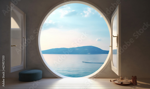  a round window with a view of a body of water. generative ai