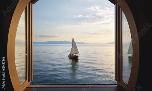  a sailboat is seen through an open window on the water.  generative ai