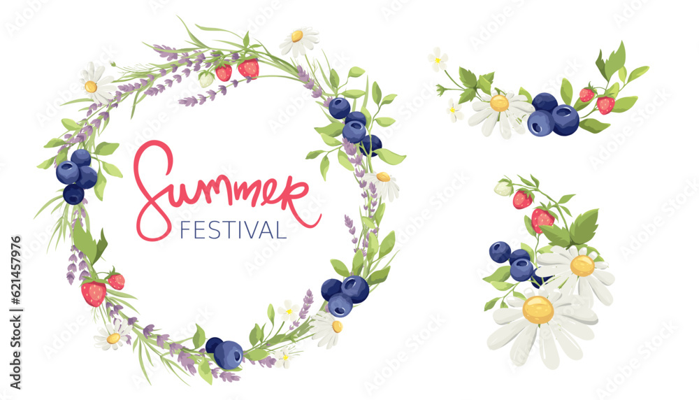 Decor for festival or wedding invitation with lavender, chamomile, strawberry and blueberry. Set vector design elements on the theme of flowering and summer.