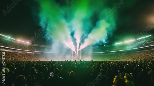 People crowd on music rock festival concert in stadium, big stage lit by spotlights