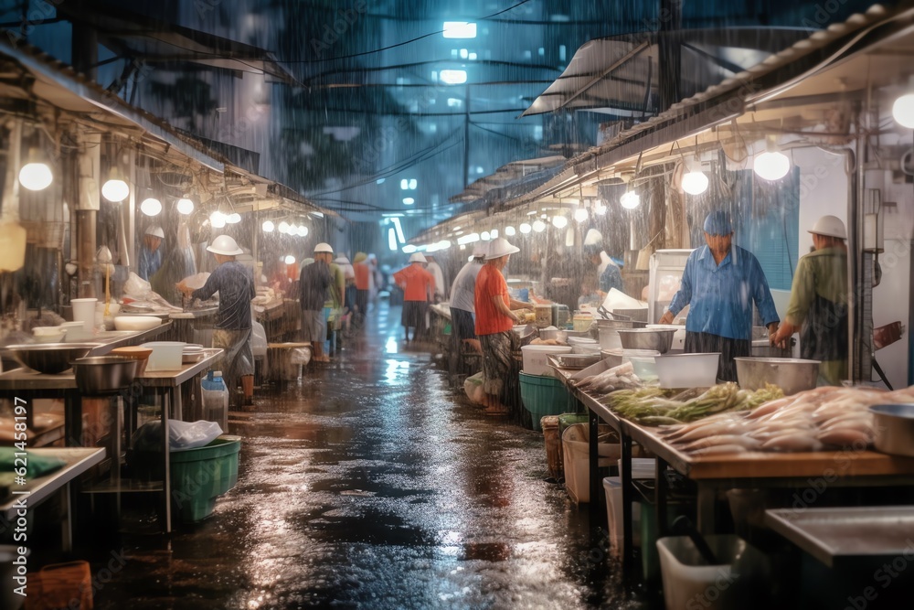 A crowded city fish market with vendors showcasing A crowded city fish market with vendors showcasing