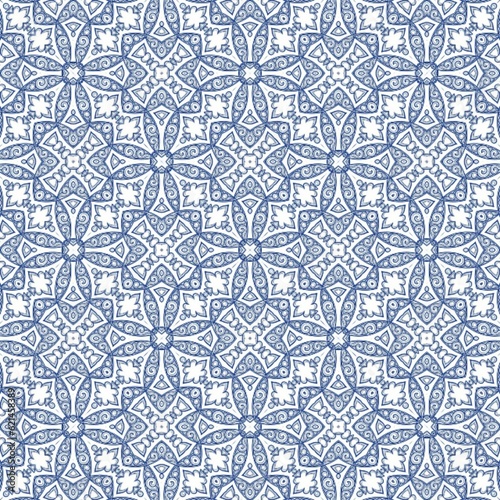 Decorative color ceramic azulejo tiles Vector seamless pattern watercolor Modern design Blue folk ethnic ornament for print web background surface texture towels pillows wallpaper