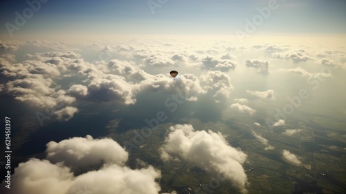 Skydiver flying parachute and clouds