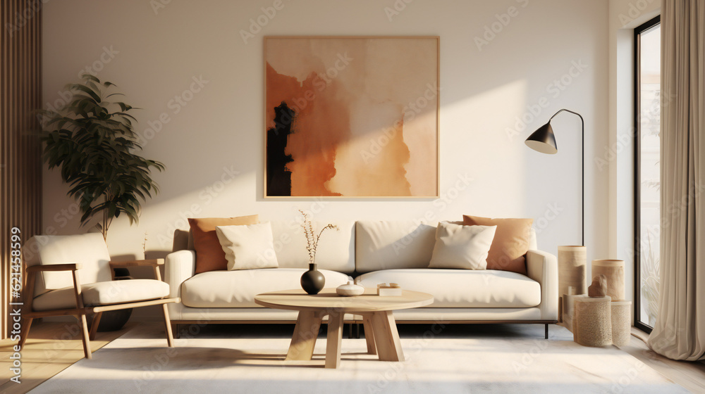 Fototapeta premium Stylish Living Room Interior with an Abstract Frame Poster, Modern Interior Design, 3D Render, 3D Illustration