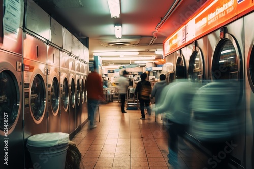 A crowded city laundromat with customers photo