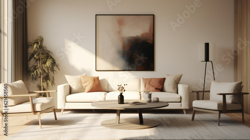 Stylish Living Room Interior with an Abstract Frame Poster, Modern Interior Design, 3D Render, 3D Illustration