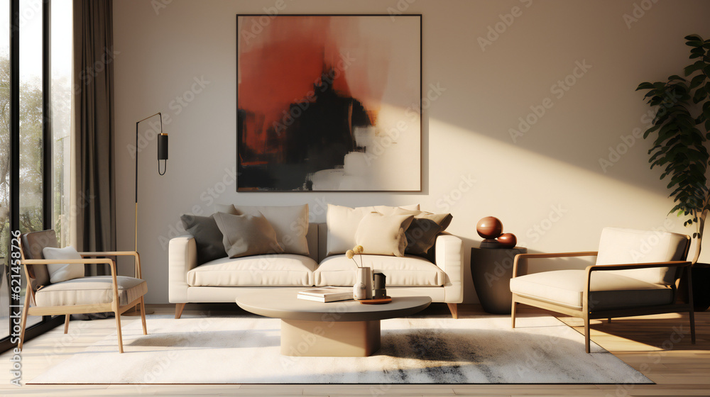 Stylish Living Room Interior with an Abstract Frame Poster, Modern Interior Design, 3D Render, 3D Illustration