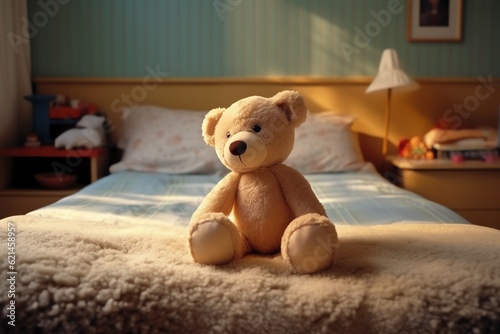 A cute teddy bear empty childrens bedroom