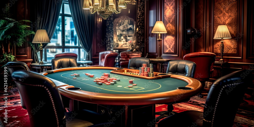 poker table with cards, chips and players dealing their cards.
