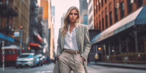 urban environment where a woman in a stylish suit strolls among large city buildings.