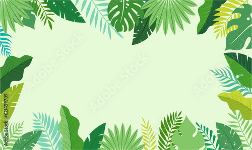Summer background with tropical plants. Square floral frame on seaside landscape. Vector flat illustration.