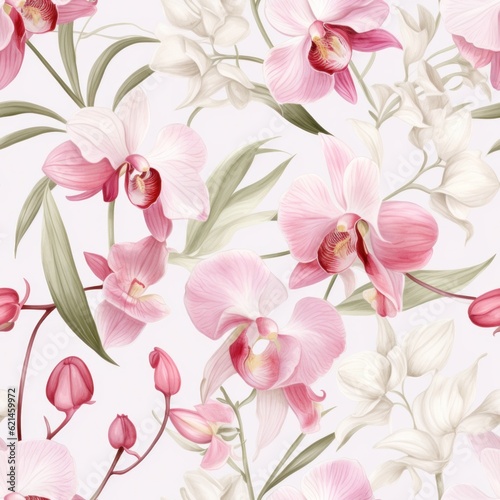 Watercolor orchid flowers seamless pattern. Hand drawn wallpaper design. Repeating texture with floral branches and pink flowers on white background.