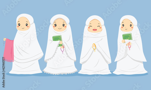 cute set of happy Muslim girls wearing white mukena or prayer gown, holding Quran and prayer beads, vector illustration. photo