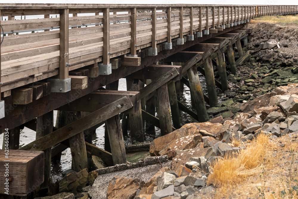 Close up view of wooden boardwalk structure at Astoria sea side, Oregon. Close up view of wooden boardwalk structure at Astoria sea side, Oregon.