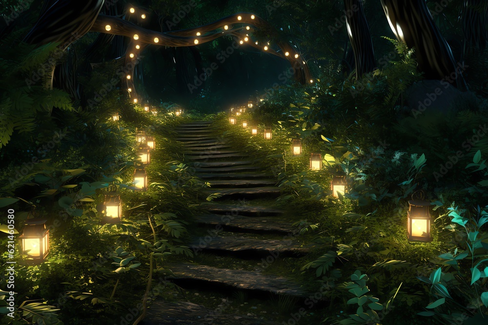 An enchanting forest path illuminated by lanterns An enchanting forest path illuminated by lanterns