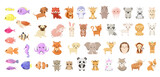 A set of cute animals on a white background. Cartoon style.
