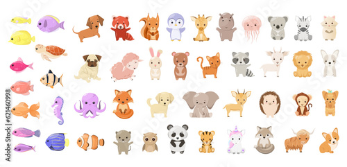 A set of cute animals on a white background. Cartoon style. 